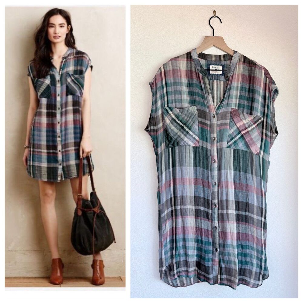 Anthropologie Plaid Cotton Tunic Shirt Dress Holding Horses Cody Size M